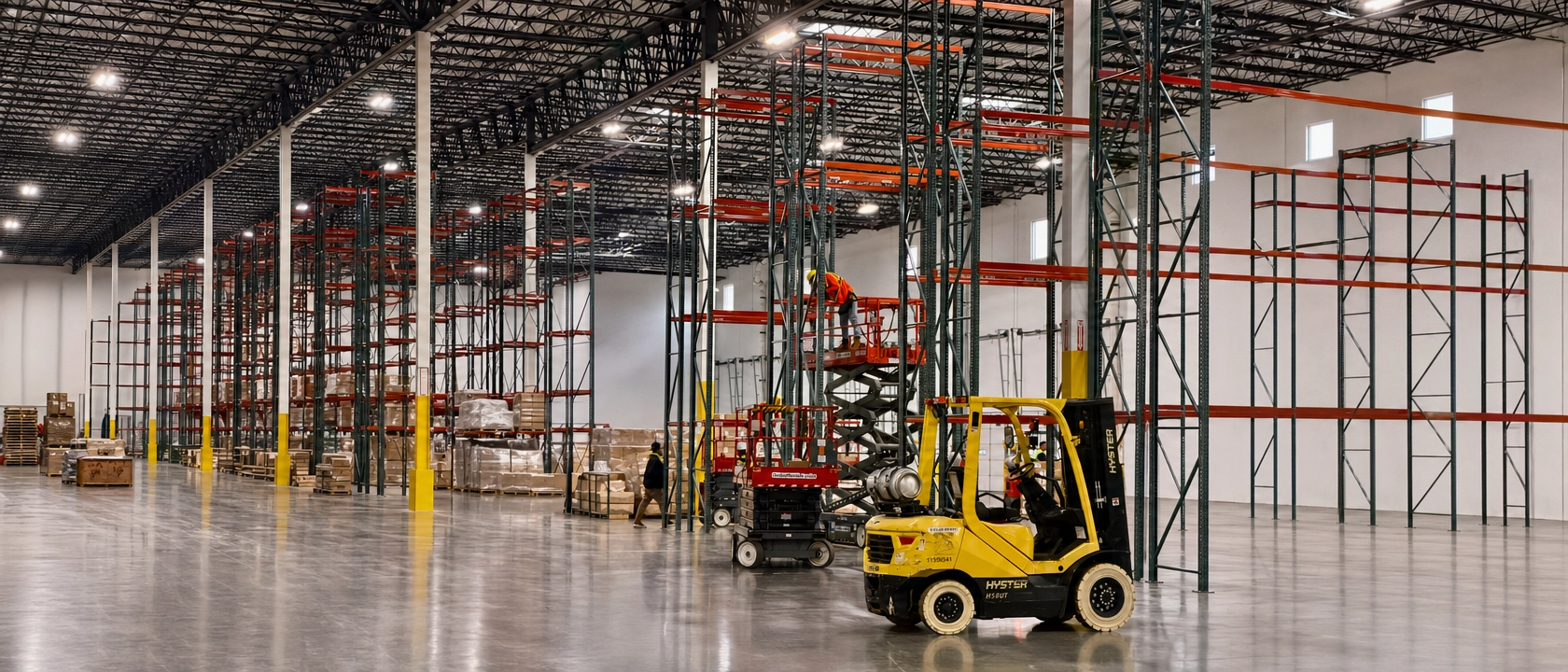 Warehouse racking installation with forklift and scissor lift